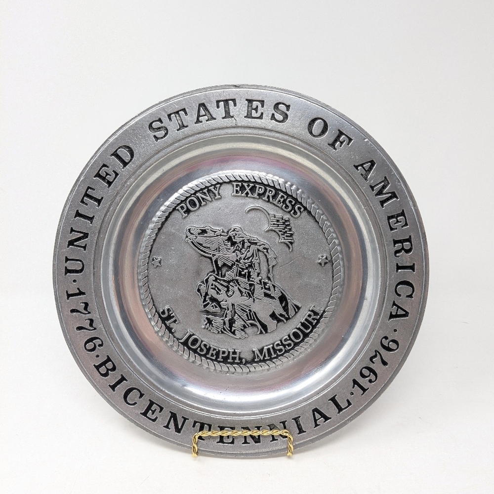 VTG Bicentennial Pony Express St Joseph Missouri Pewter Collector 10" Plate 1776
